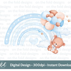 Nounours bleu ballons arc-en-ciel, clipart PNG, anniversaire de garçons, baby shower, sublimation clipart, conception de gobelet, impression d'art mural rose filles