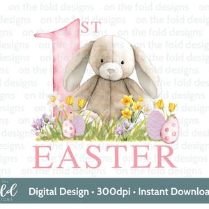 1a Pasqua, Coniglietto rosa, Acquerello, PNG, Sublimazione, Clipart digitale, Creazione di biglietti, Design gilet per neonati, Immagine UV-DTF, Pigiama di Pasqua