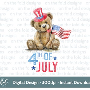 May include: A brown teddy bear wearing a red, white, and blue patriotic hat and holding a small American flag. The bear is sitting on a white background with the text "4th of July" in red, white, and blue.