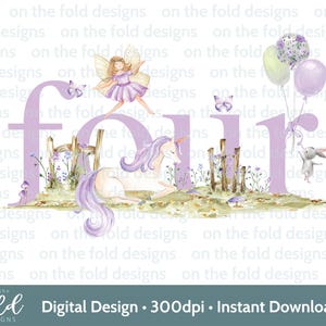 Clipart fée et licorne 4e anniversaire numéro quatre aquarelle magique PNG fille violette impression fond Transparent sublimation UV DTF