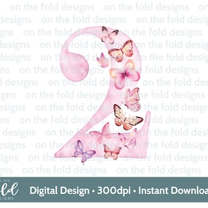 Schmetterling Clipart, Nummer zwei, 2 Geburtstag, png sofortiger Download für Sublimationskarten, Kuchendekoration, Partydekoration