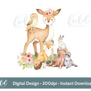 Bos, bos dier ontwerp, hert, uil, vos Bloemen compositie sublimatie ontwerp PNG instant digitale download