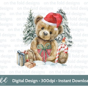 Weihnachten Wald Teddy, digitale Clipart Sublimation Clipart, png, niedliche Winterszene, Kissenbezug PJ, Pullover, T-Shirt Design Weihnachten Decoupage