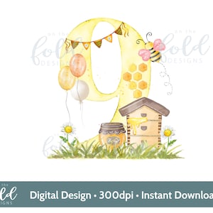 Neuvième anniversaire d'abeille, téléchargement png, fond transparent, souvenir du 9e anniversaire, conception par sublimation, téléchargement numérique, fabrication de cartes