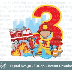 Geburtstagszahl 3, Feuerwehrmann, Feuerwehrauto, Clipart, Sublimation, PNG. Sofortiger digitaler Download, Aquarell Bilddesign
