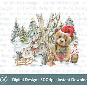 Weihnachtswald Teddy, digitale Clipart Sublimation, png, niedliche Winterszene, Kissenbezug, pj, Pullover, T-Shirt Design Weihnachtsdecoupage
