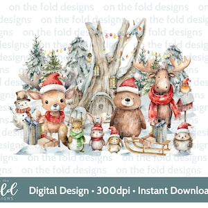 Animaux de la forêt de Noël avec des chapeaux de père Noël Digital Clipart sublimation PNG scène d'hiver mignonne, taie d'oreiller PJ pull t-shirt design Jpeg de Noël