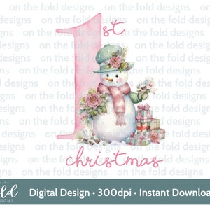 1er Noël bonhomme de neige cadeaux rose Noël PNG téléchargement clipart numérique instantané pour sublimation carte conception babiole impression pj souvenir artisanat
