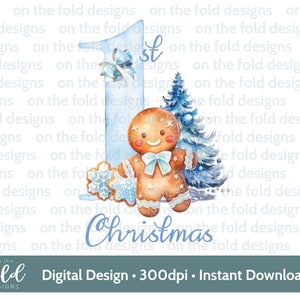 Premier Noël pain d'épice Clipart, mignon 1er Noël PNG aquarelle numérique instantanée, conception de carte bleu bébé garçon, sublimation, impression gilet de pyjama