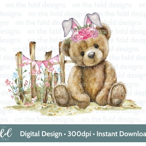 Pasqua Teddy Clipart Bunny Ears Acquerello PNG, Clipart digitale istantanea Vestiti per bambini, Design della carta, 1° Gilet pasquale Stampa a sublimazione DTF