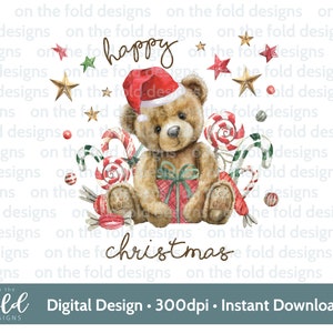 Nounours de Noël, joyeux Noël, bonnet de Noel, téléchargement clipart numérique instantané PNG, vêtements pour bébé, conception de cartes de Noël, sublimation, fabrication de cartes