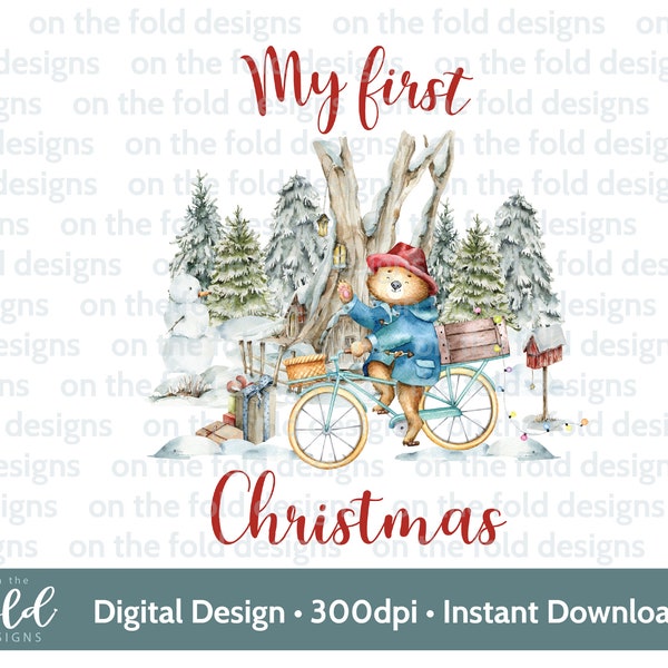 First Christmas, London Teddy Bear, Digital Clipart Sublimation Clipart, png, cute winter scene, pillowcase, pj, card craft, t-shirt design