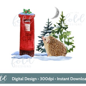Hérisson Noël neige scène clipart Téléchargement instantané fichier sublimation de fond transparent, création de cartes, gobelets, toboggans