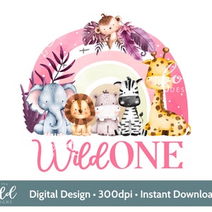 Animal de safari Wild ONE arcoíris PNG clipart transparente con descarga instantánea, ideal para usar en la personalización de tus propios regalos de primer cumpleaños