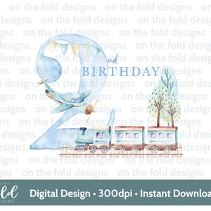 Zug, Flugzeug, Zahl 2, Junge 2.Geburtstag, Clipart, Sublimation, PNG. Sofortiger digitaler Download, Kinderzimmer Wandkunst, Wasserrutsche, Aufkleber drucken