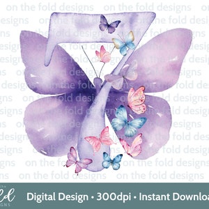 Schmetterling Clipart 7.Geburtstag Zahl Sieben Lila Lila Bild PNG Sofortiger Download Sublimation Basteln Kartenherstellung Cake Topper Party UVDTF
