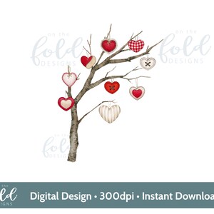 May include: A watercolor illustration of a bare tree branch with red and white fabric hearts hanging from it. The hearts have button details and are arranged in a whimsical pattern. The text "on the fold designs" appears twice in the image.