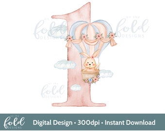 May include: A watercolor illustration of the number one in pink with a hot air balloon in blue and pink carrying a bunny. The balloon has a pink and white ribbon around it. The number one is surrounded by white clouds.