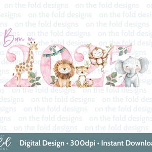 Animaux de safari nés en 2025 Clipart Png transparents Téléchargement instantané Sublimation fille rose Invitation design nouveau gilet de bébé carte de bébé