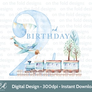 Tren Avión 2do Clipart Niño Dos Cumpleaños Transparente Sublimación PNG Invitación Pegatina Impresión Uv Dtf Dtg Descarga Digital Instantánea Clipart