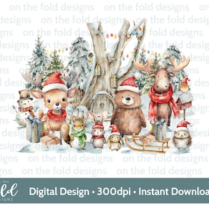 Weihnachten Waldtiere, digitale Clipart Sublimation Clipart, png, niedliche Winterszene, Kissenbezug, pj, Pullover, T-Shirt Design Xmas Jpeg