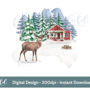 Stag Woodland House Winter scene PNG download istantaneo di clipart digitali per sublimazione o creazione di cartoline e regali di Natale