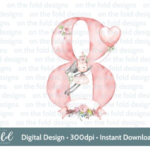 Peut inclure: Un chiffre huit rose aquarelle avec un lapin mignon tenant un ballon en forme de cœur. Le chiffre est décoré de fleurs roses et de verdure. Le texte "Digital Design. 300dpi. Instant Download" est en bas de l'image.