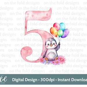 Diseño de cumpleaños número cinco del pingüino con flores y globos. Diseño de imágenes prediseñadas PNG, transparente, imagen prediseñada, descarga instantánea, sublimación