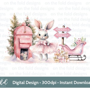 Bunny Ballerina Christmas Post Ballet Clipart transparante PNG Instant Download voor gebruik in DTF, DTG, sublimatie afdrukken kaarten maken ambachten