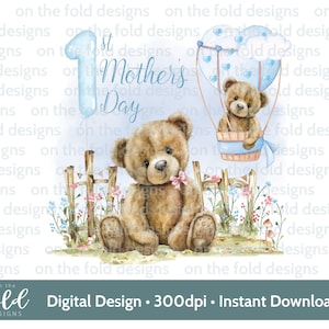 Oso de peluche 1er Día de las Madres Bebé Niño Jardín Globo Clipart Nueva Momia PNG Descarga Digital Sublimación DTF Imprimir Tarjeta Haciendo Chaleco de Bebé