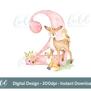 Foresta, disegno di 2° compleanno di animali del bosco, cervo, gufo, volpe disegno di sublimazione della composizione floreale PNG download digitale istantaneo