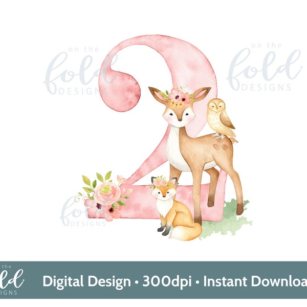 Forest, Woodland Animal 2nd birthday design, Deer, Owl, Fox Floral composition sublimation design PNG instant digital download