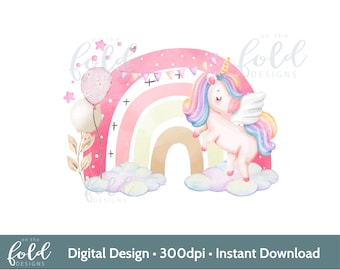 Unicorn Rainbow PNG, transparent clipart design, Girl birthday, Image, sublimation printing, card making, Print your own, instant download