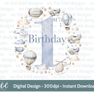 Couronne d'avion, 1er anniversaire, transport, une montgolfière, garçon, anniversaire, aquarelle PNG, clipart numérique, impression par sublimation PNG JPEG