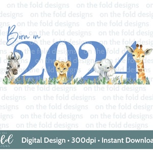 Animaux de safari, nés en 2024, clipart PNG transparents, sublimation, création d'invitations, fabrication de cartes DTF DTG gilet bébé, boîte souvenir