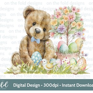 Easter Teddy Clipart 1a Pascua Acuarela PNG Instant Digital Clipart Baby Vest Card Globo Azul Chaleco de Pascua Sublimación Impresión UVDTF