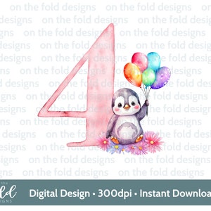 Ontwerp pinguïn nummer vier 4e verjaardag, bloemen en ballonnen. PNG-clipartontwerp, transparant, clipartafbeelding, instant download, sublimatie