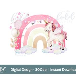 May include: A watercolor illustration of a unicorn with wings standing on a cloud in front of a rainbow with pink, orange, and yellow stripes. The rainbow has a string of pink and white flags hanging from it. There are white clouds and a pink balloon with white flowers on it.