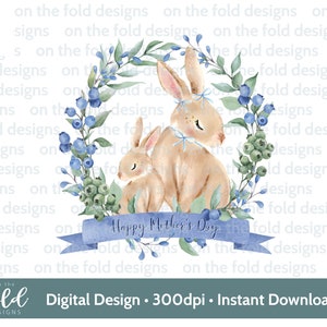 Clipart de coroa de coelho do dia das mães, moldura de flores azuis, jardim PNG, aquarela PNG, clipart digital, download instantâneo, sublimação PNG