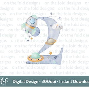 Weltraum, Astronaut, 1. Geburtstag Zahl 1, Clipart, Sublimation, PNG, digitaler Download, Raumschiff, Rakete, Aquarell, On the Fold Designs
