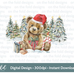 Weihnachten Wald Teddy, digitale Clipart Sublimation Clipart, png, niedlichen Winterszene, Kissenbezug, pj, Pullover T-shirt Design Weihnachten Decoupage