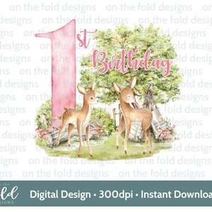 Woodland Deer, 1.Geburtstag Clip Art png Download, transparenter Hintergrund, erste Andenken, Sublimationsdesign digitaler Download, Kartenherstellung