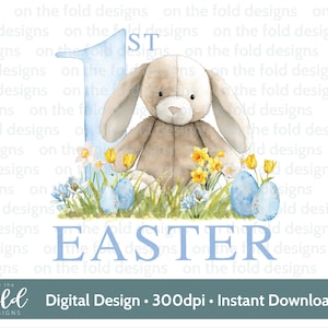 1a Pasqua, Coniglietto blu, Acquerello, PNG, Sublimazione, Clipart digitale, Creazione di biglietti, Design gilet per neonati, Immagine UV-DTF, Pigiama di Pasqua