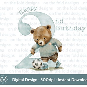 2e anniversaire clipart Football numéro 2 footy mignon nounours sublimation design Téléchargement numérique instantané PNG fabrication de cartes, impression numérique,