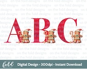 Gingerbread Alphabet, Full Set Cookie Initials Individual Christmas Letters Red Kids Font, Transparent PNG instant download Cute Sublimation