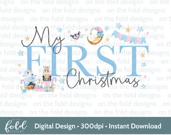 1. Weihnachten, Baby Junge blau Design, Sublimationsdruck, digitale Clipart PNG, Babykleidung, Weihnachtskarten, Lätzchen, Aquarell Design, Tshirt