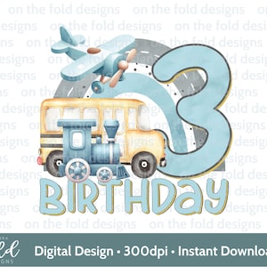 Clipart véhicule, Train avion Bus PNG, 3e Transport anniversaire Sublimation Design image numérique Cake Topper Tee shirt design Pj's UVTDF Design
