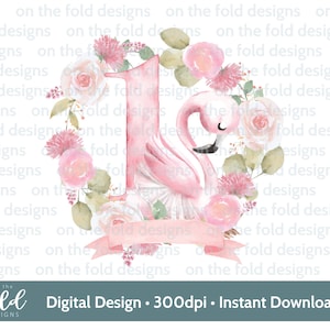 Flamingo, ersten Geburtstag, eins, Clipart, png, sofortiger Download, Sublimation, Basteln, Mädchen Geburtstag, Kartendesign, pinkes girly Design, Nummer 1