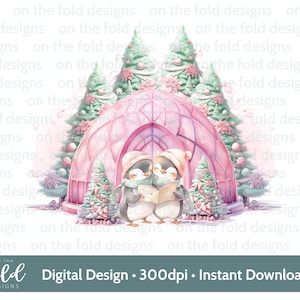 Pinguins de Natal Iglu Clipart Rosa 1º Casado, Noivo Nova casa Design de cartão PNG, Baubles, Crafting, Sublimation Watercolo rXmas Sack