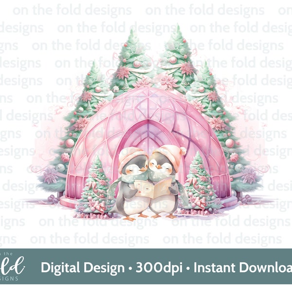 Weihnachten Pinguine Iglu Clipart Pink 1st Married, verlobt neues Zuhause PNG Kartendesign, Kugeln, Crafting, Sublimation Aquarell rXmas Sack